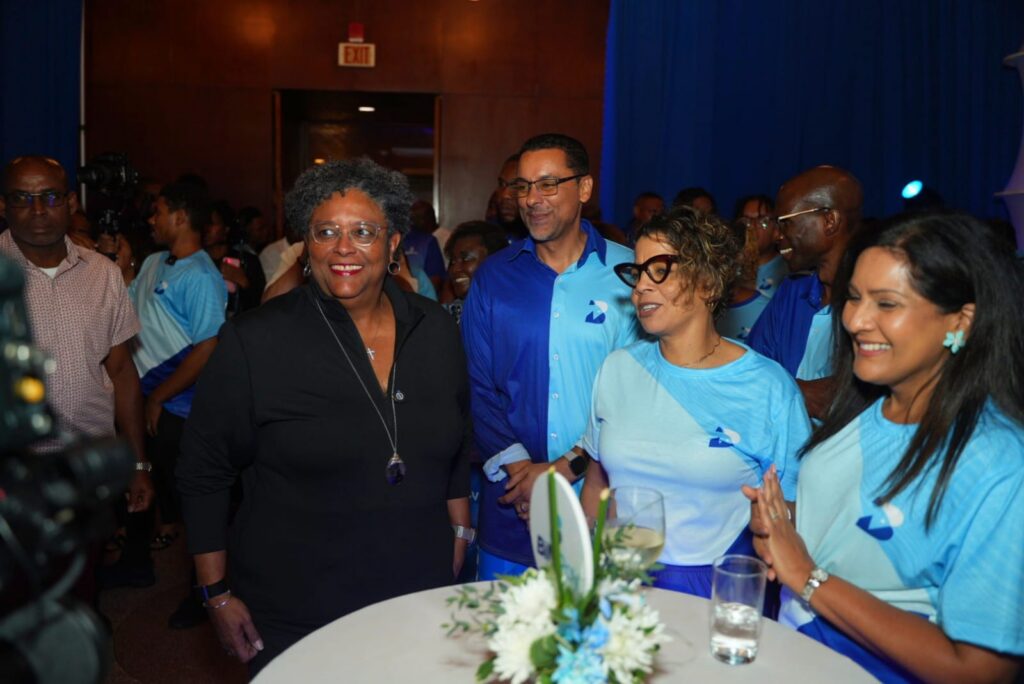 Prime Minister Mia Mottley at the BiMPay Go-Live Pyjama Party with other officials